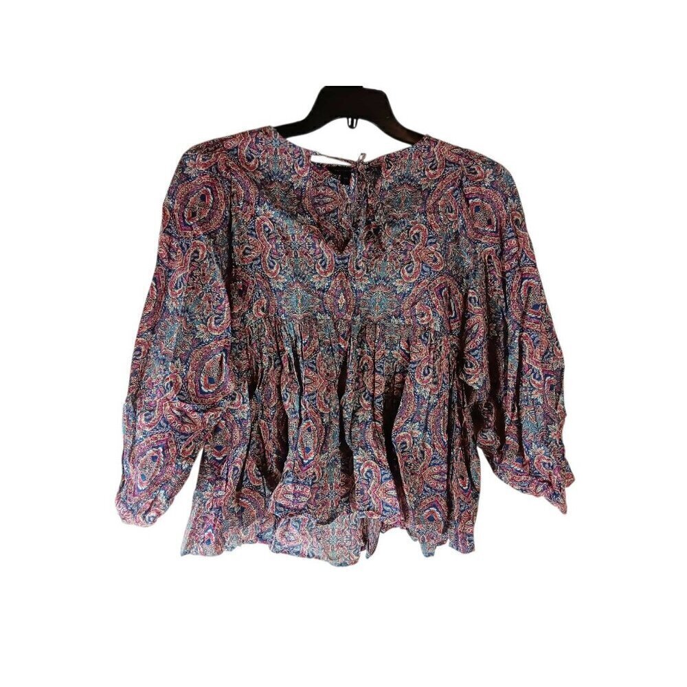 Banana Republic Women's sz XS 3/4 Puff Sleeve Paisley Boho Blouse Tie Neck Top